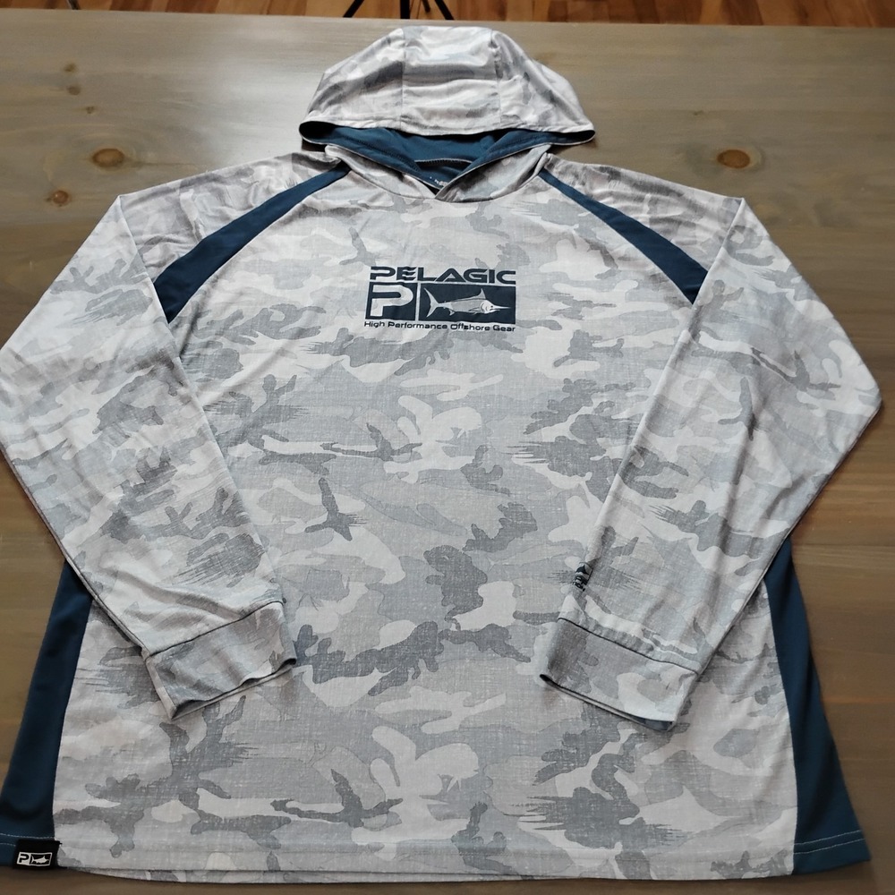 Pelagic Fishing Hoodie Mens 2XL Gray Camo Blue Trim Performance Offshore Gear